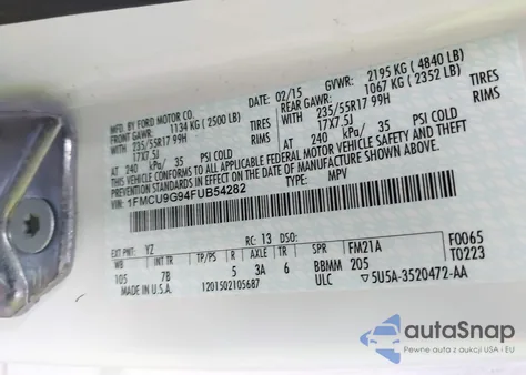 2015 Ford Escape Se z USA, uszkodzony, nr VIN 1FMCU9G94FUB54282